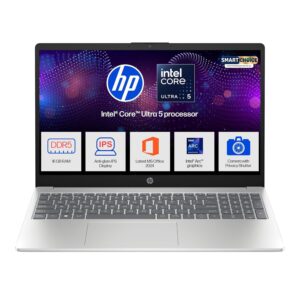HP 15 Smartchoice, Intel Core Ultra 5 125H, 12 Tops (16GB DDR5, 512GB SSD) FHD, IPS, 15.6''/39.6cm, Win11, M365(1yr)* Office24, Silver, 1.65kg, fd1254TU, FHD Camera w/Shutter, AI Powered Laptop