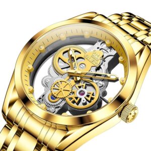 OLEVS Skeleton Watch for Men Original Analog Quartz Luxury Black Stainless Steel Waterproof Luminous Men’s Modern Wrist Watch